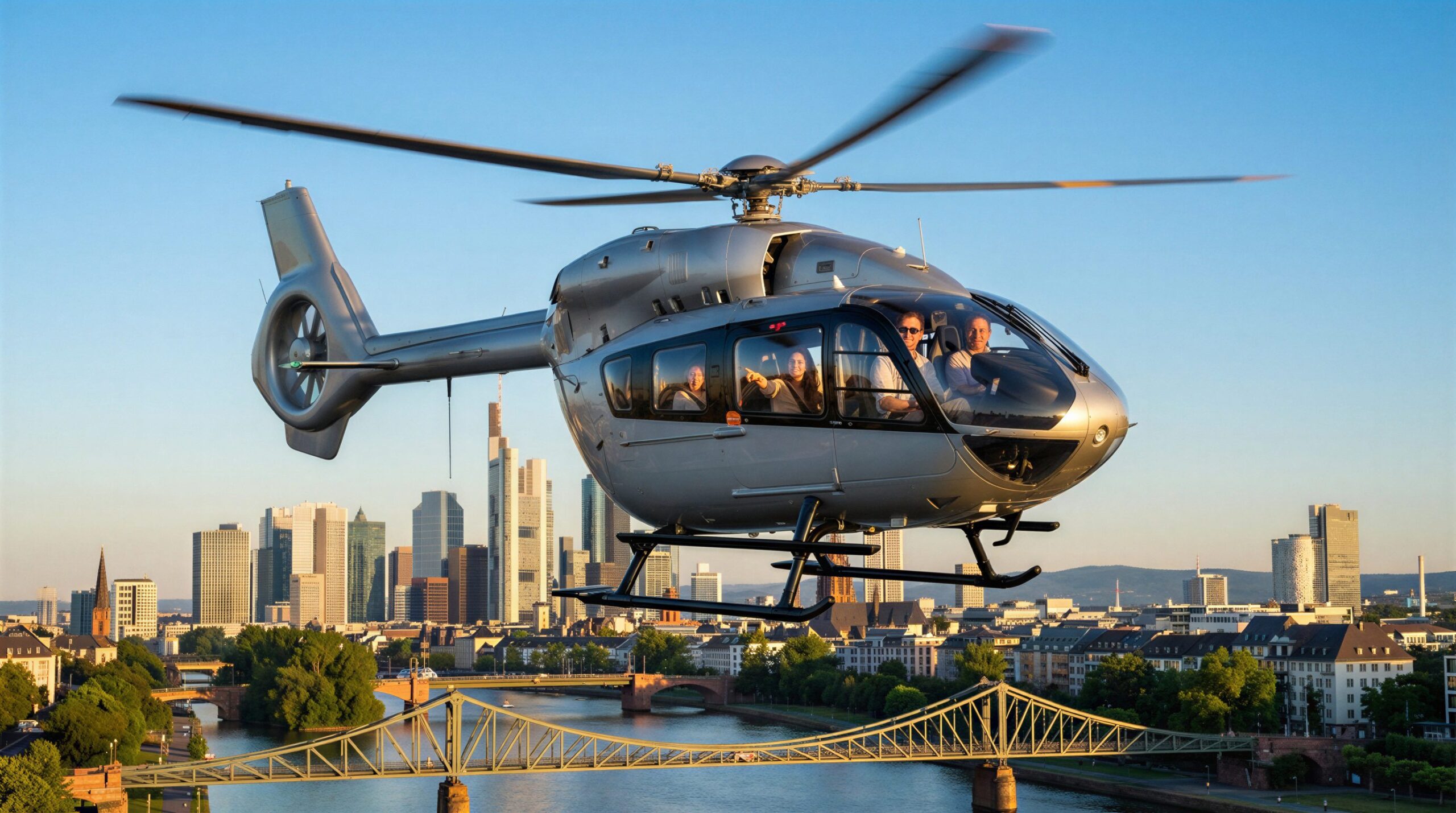 glückliche Kunden fliegen mit dem Helikopter über Skyline