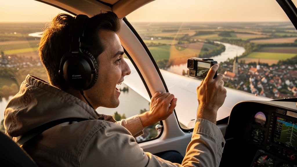 glücklicher kunde mit gopro im fliegenden Ultraleichtflugzeug