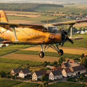 gelbes Antonov AN 2 Flugzeug fliegt über Landschaft und Stadt