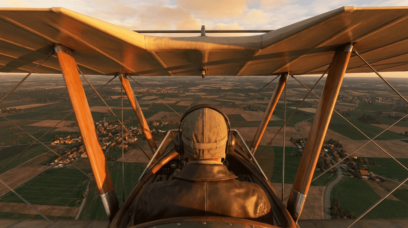 Pilot steuert Doppeldecker