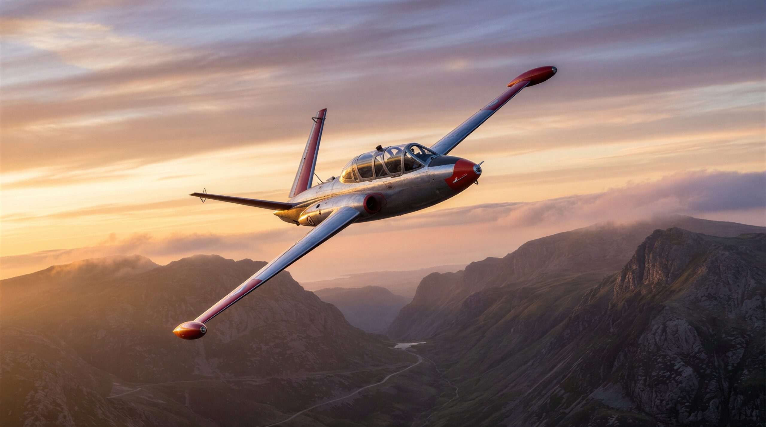 Kampfjet Fouga Magister fliegt übers Gebirge