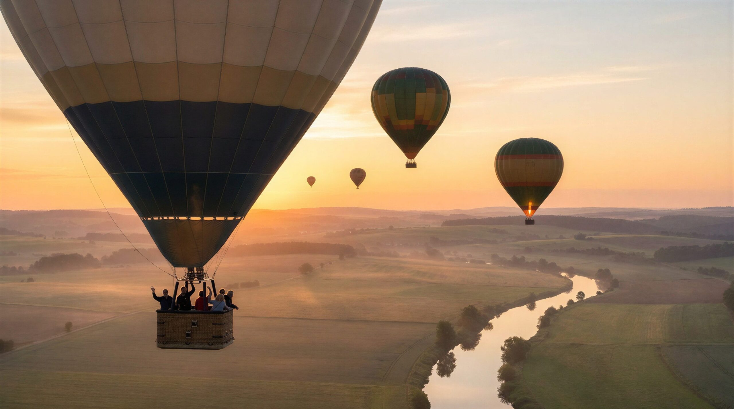 mehrere Heißluftballons fliegen über Landschaft