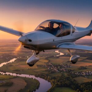 Frontansicht eines Ultraleichtflugzeuges das über Landschaften fliegt