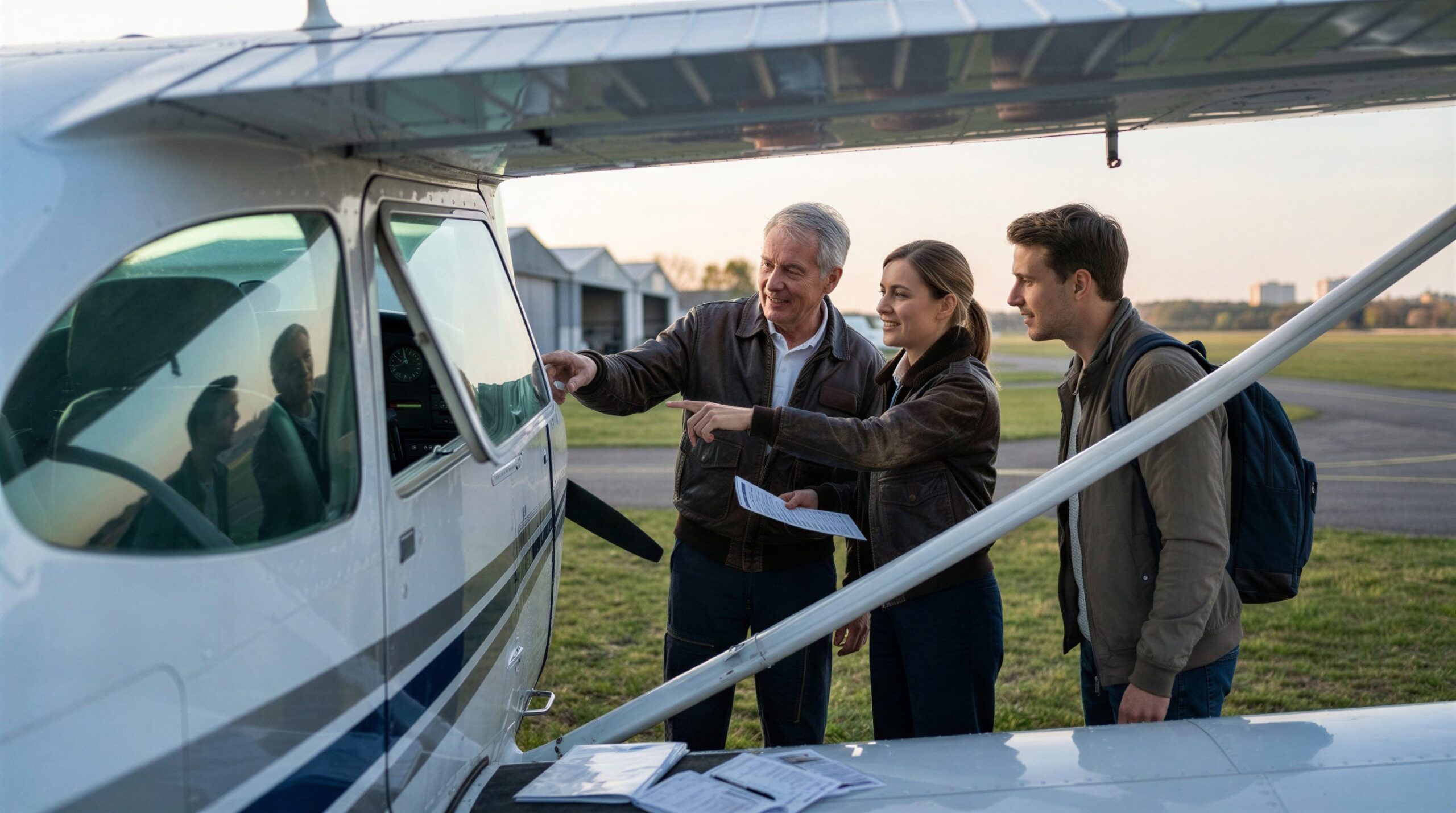 Pilot zeigt kunden Ultraleichtflugzeug auf dem Flugplatz