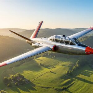 Kampfjet Fouga Magister fliegt über Landschaft