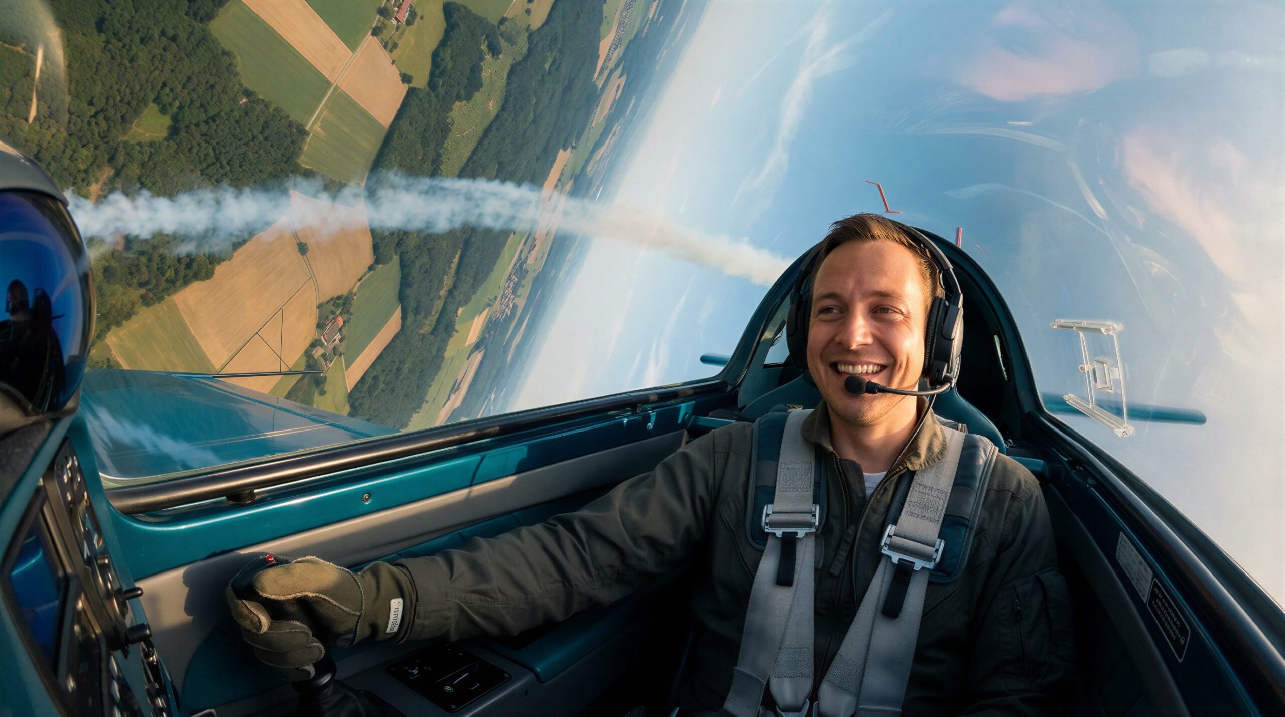 glücklicher kunde im Manöver eines Kunstfluges