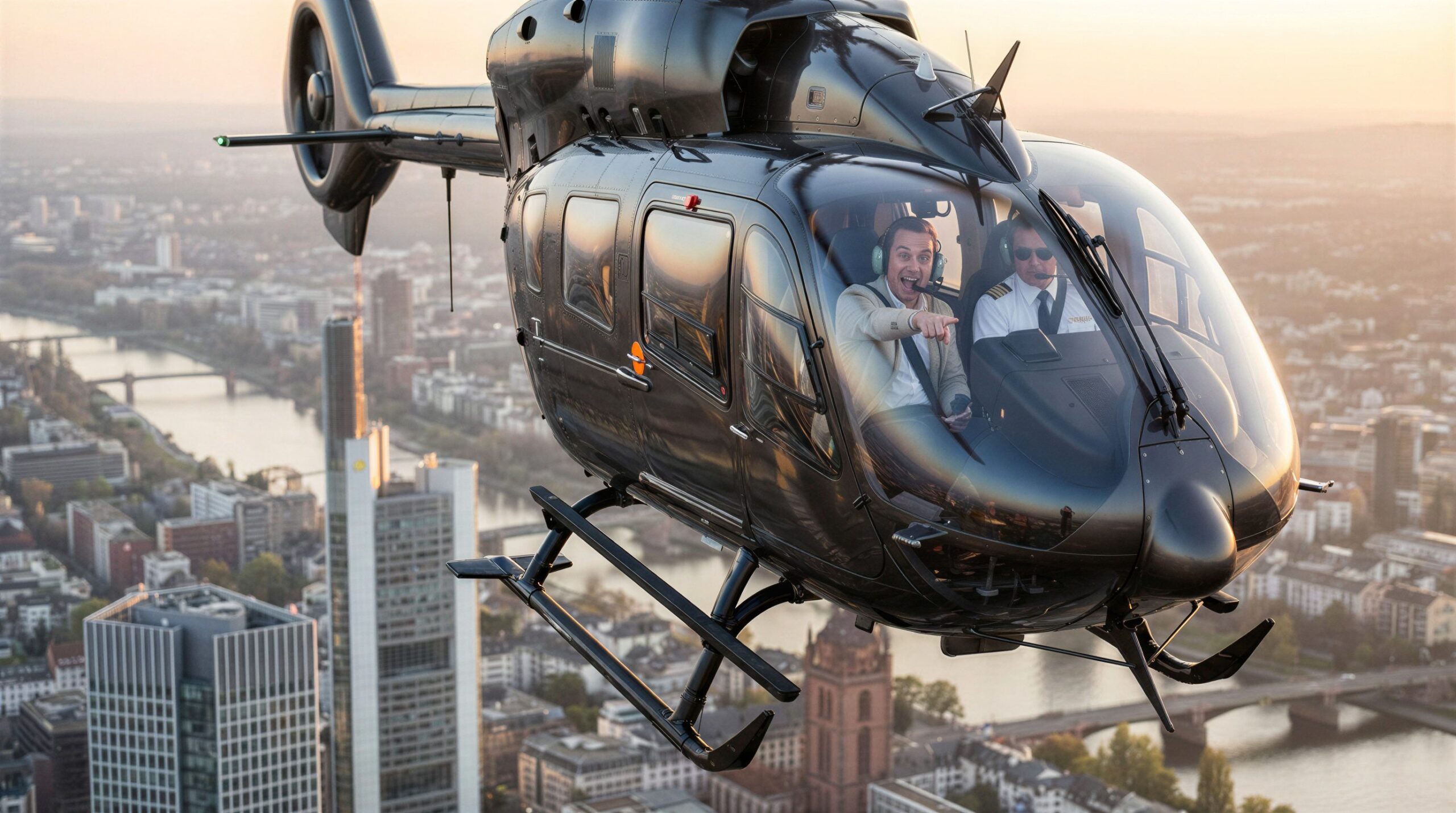 glücklicher Kunde während eines Helikopter Rundfluges über eine stadt