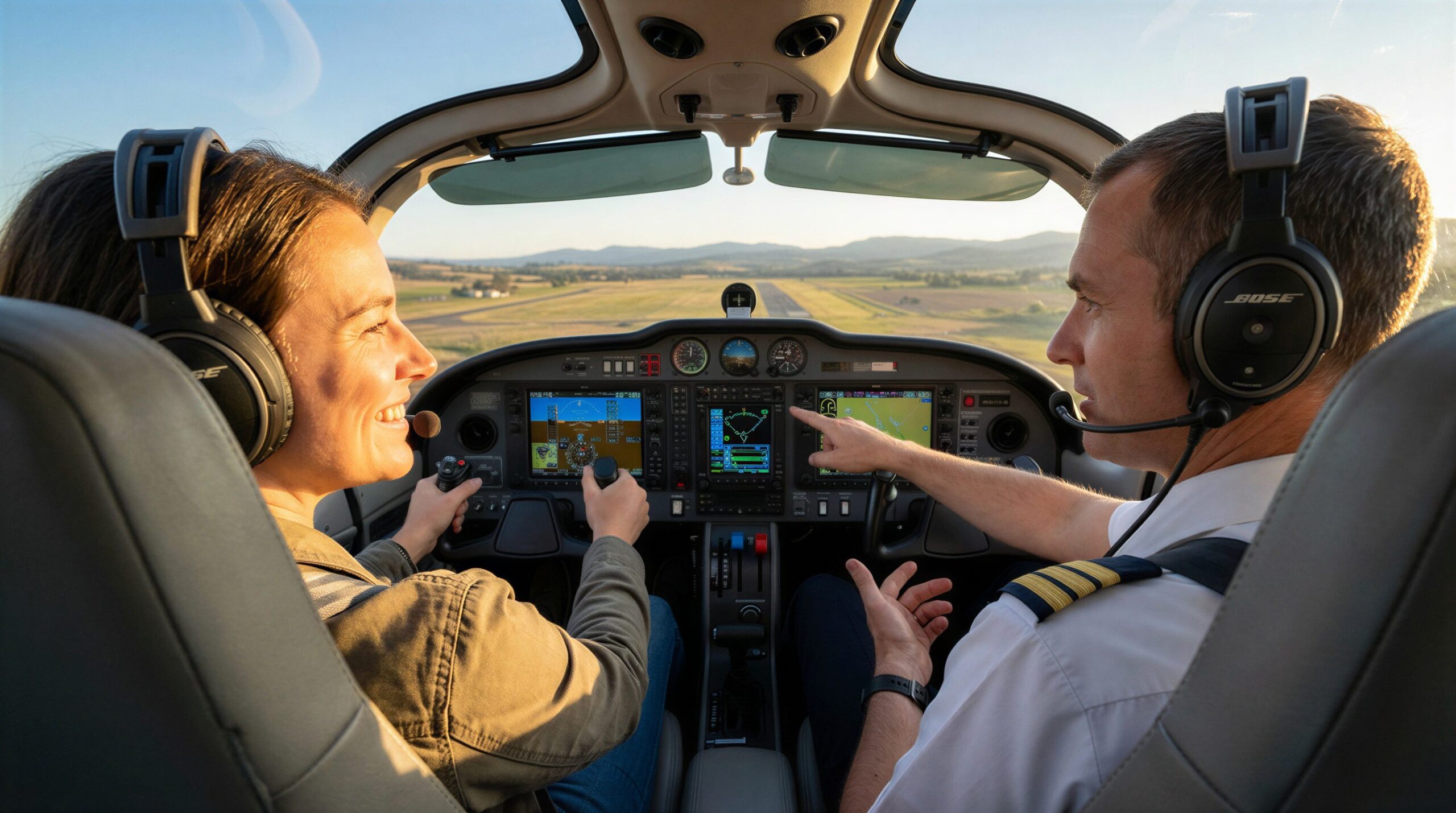 Pilot erklärt Kundin regeln beim Flugzeug selber fliegen im Cockpit
