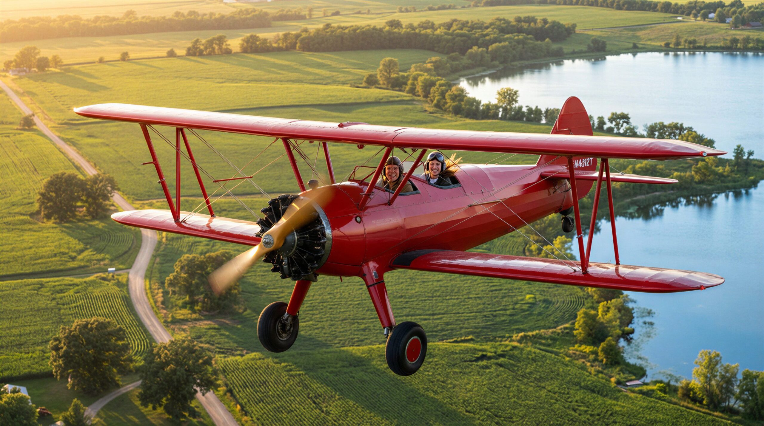 roter Doppeldecker fliegt über grüne Landschaft