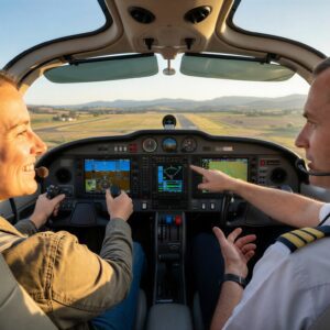 Pilot erklärt Kundin regeln beim selber fliegen