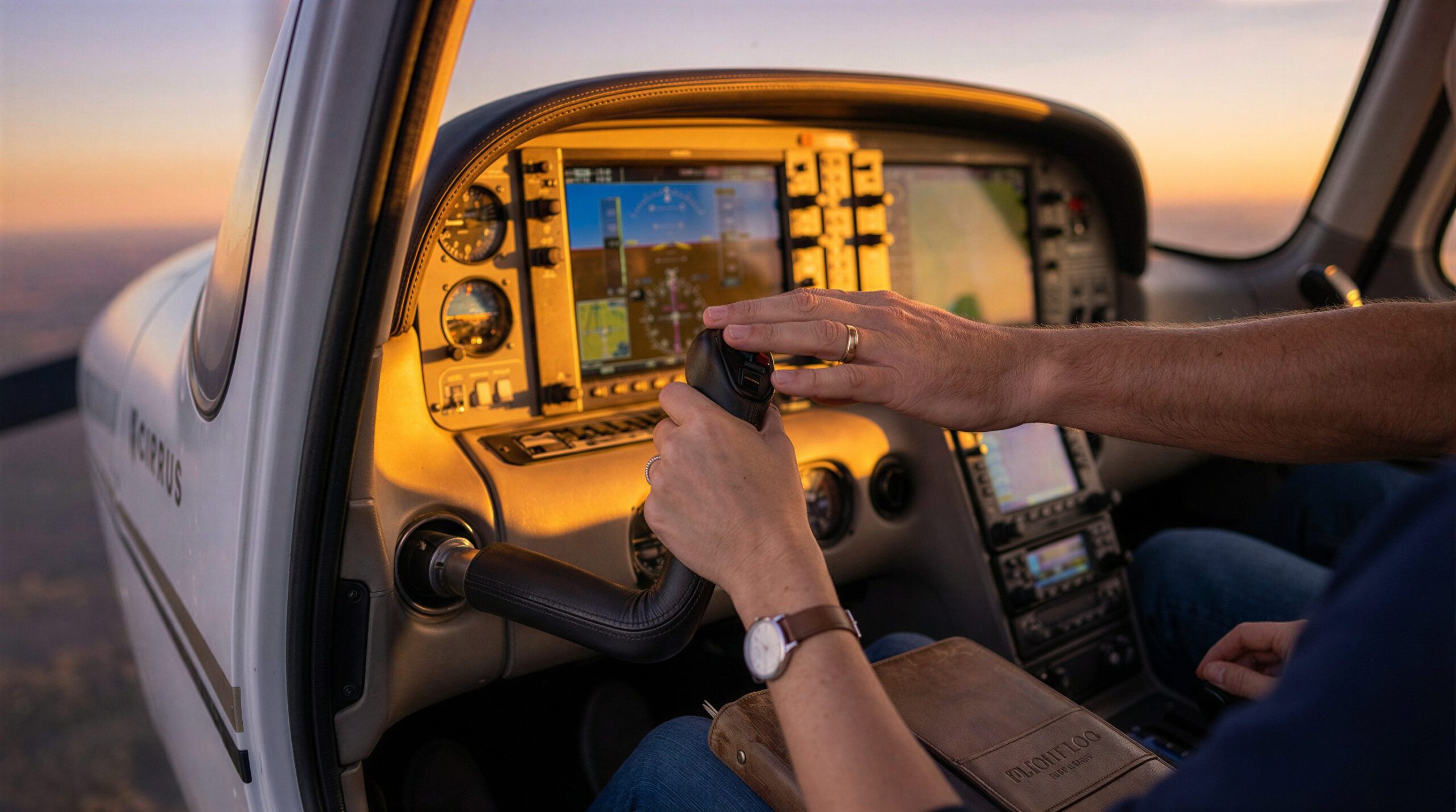 Pilot korrigiert Handgriff der Kundin beim selber fliegen
